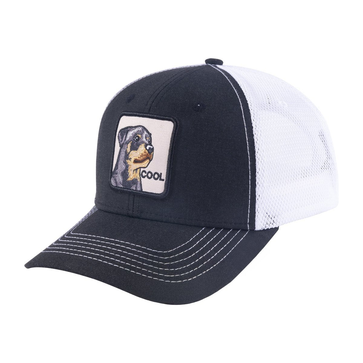 Unisex Embroidered The Cool Dog, 6-Panel Trucker Hat, Black/White, Adjustable Fit