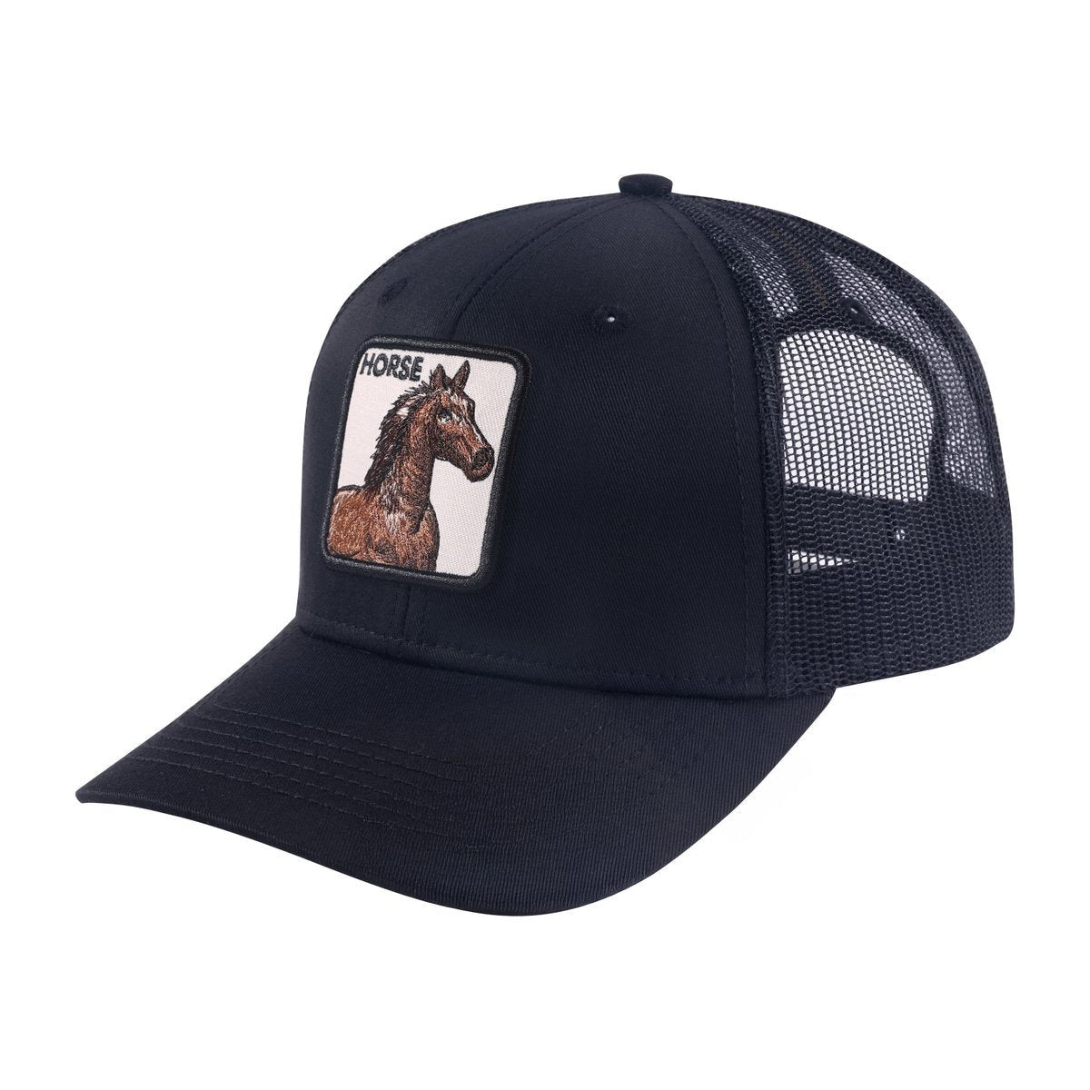 Unisex Embroidered The Horse, 6-Panel Trucker Hat, Black/Black, Adjustable Fit