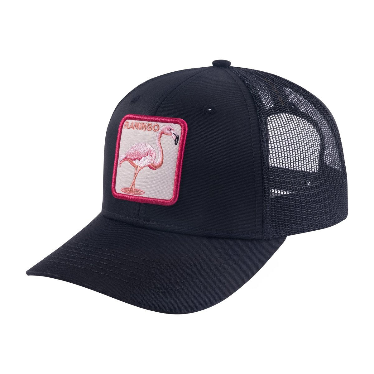 Unisex Embroidered The Flamingo, 6-Panel Trucker Hat, Black/Black, Adjustable Fit