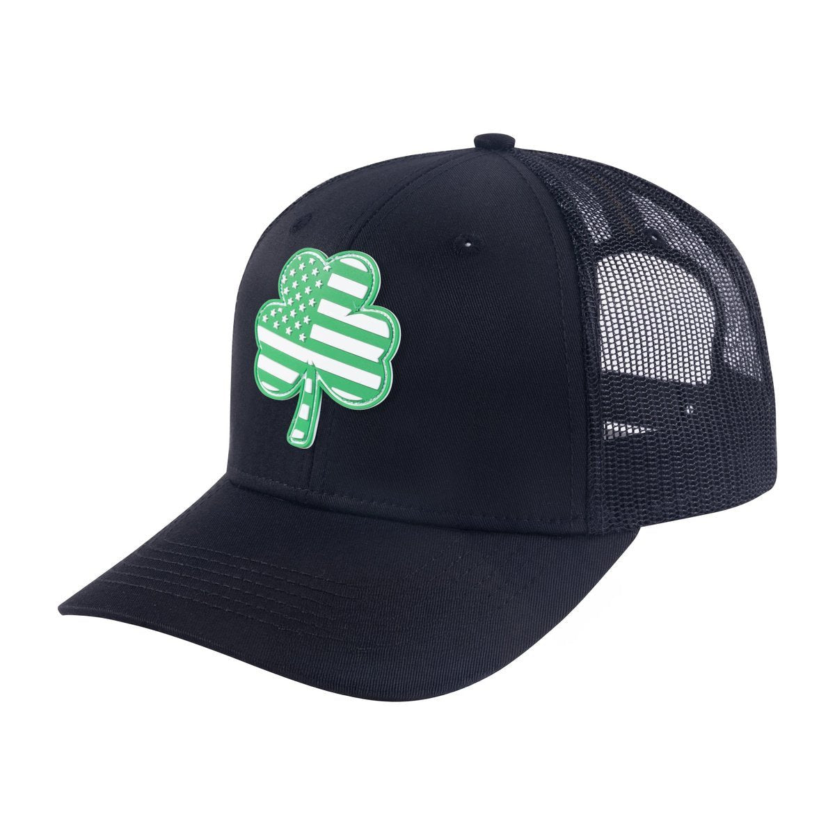 Unisex Embroidered St. Patrick'S Day Four Leaf Shamrock, 6-Panel Trucker Hat, Black/Black, Adjustable Fit
