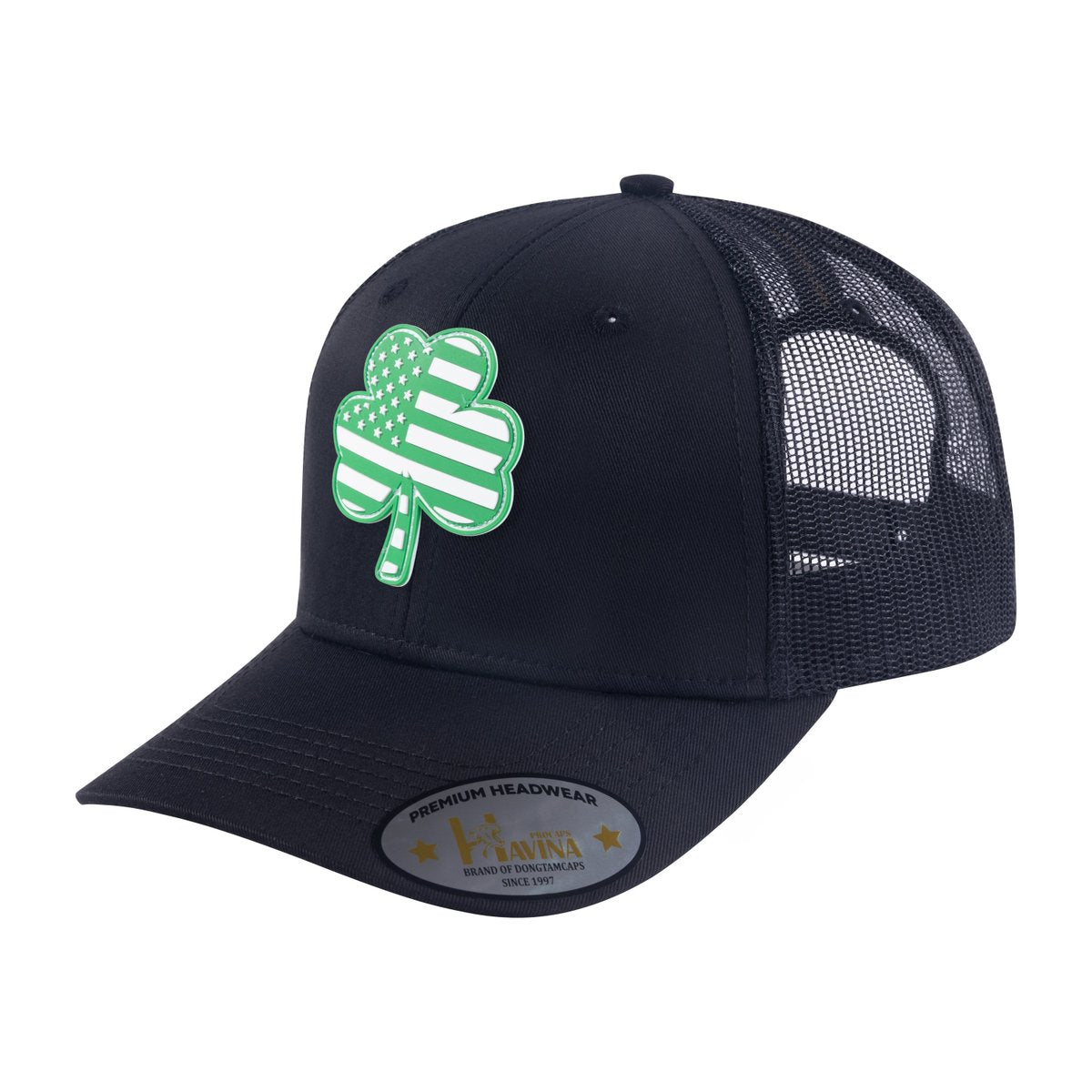 Unisex Embroidered St. Patrick'S Day Four Leaf Shamrock, 6-Panel Trucker Hat, Black/Black, Adjustable Fit