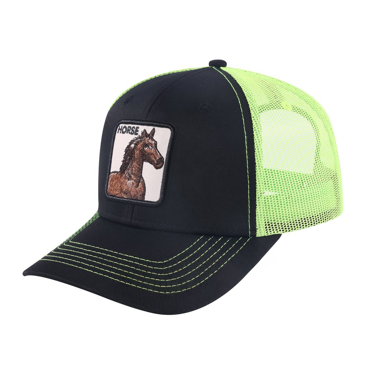 Unisex Embroidered The Horse, 6-Panel Trucker Hat, Black/Green, Adjustable Fit