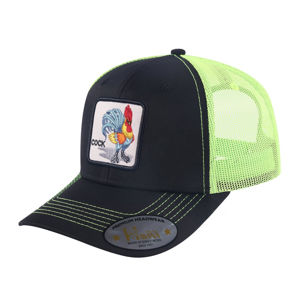 Unisex Embroidered The Cock, 6-Panel Trucker Hat, Black/Green, Adjustable Fit