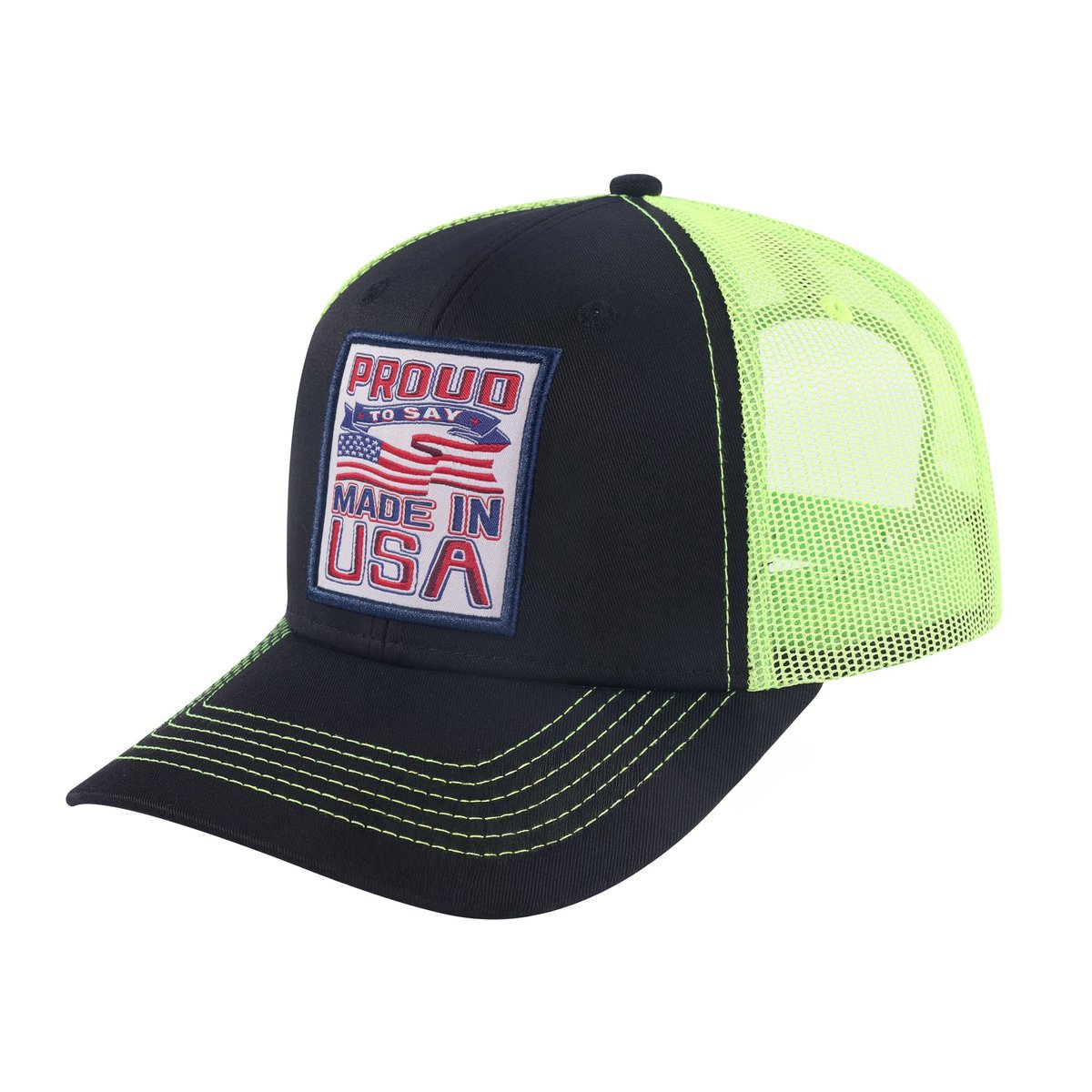 Unisex Embroidered Proud To Say Made In Usa, 6-Panel Trucker Hat, Black/Green, Adjustable Fit