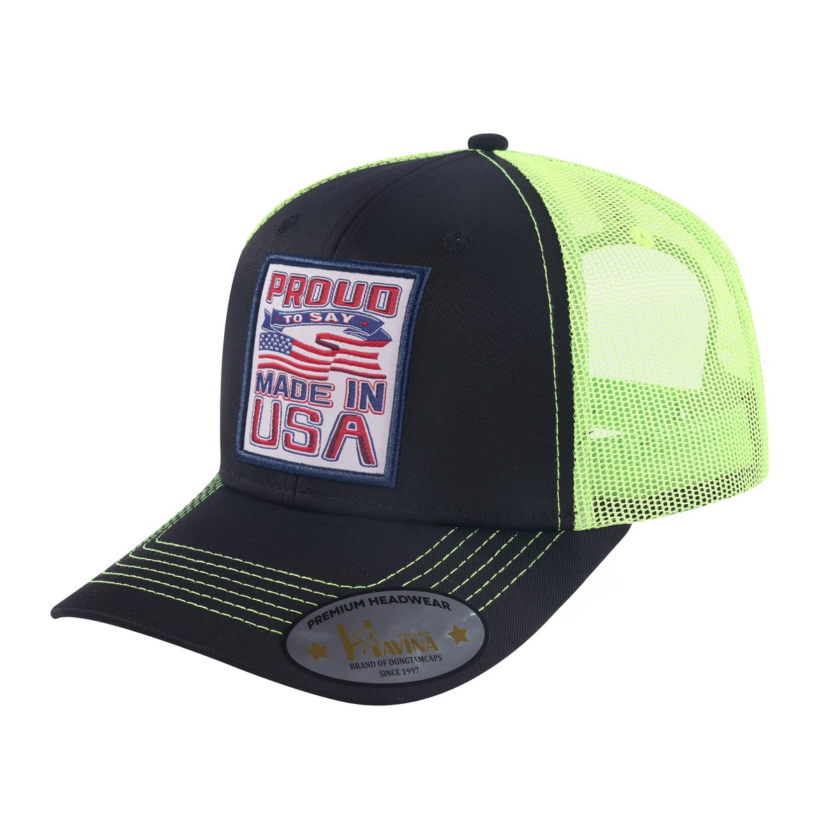 Unisex Embroidered Proud To Say Made In US, 6-Panel Trucker Hat, Black/Green, Adjustable Fit