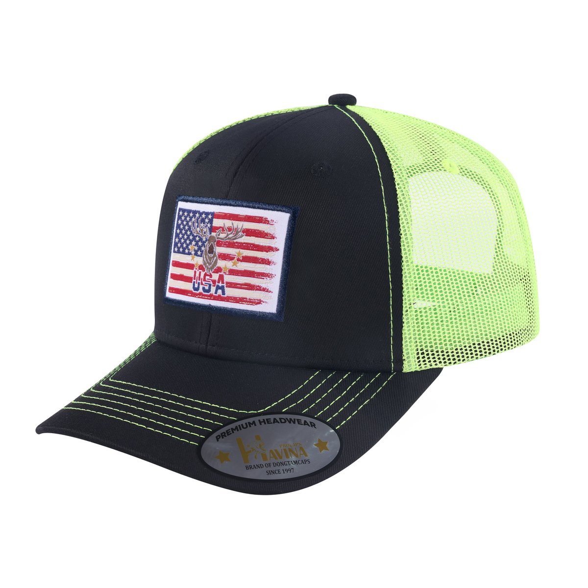 Unisex Embroidered US Deer Hunter, 6-Panel Trucker Hat, Black/Green, Adjustable Fit