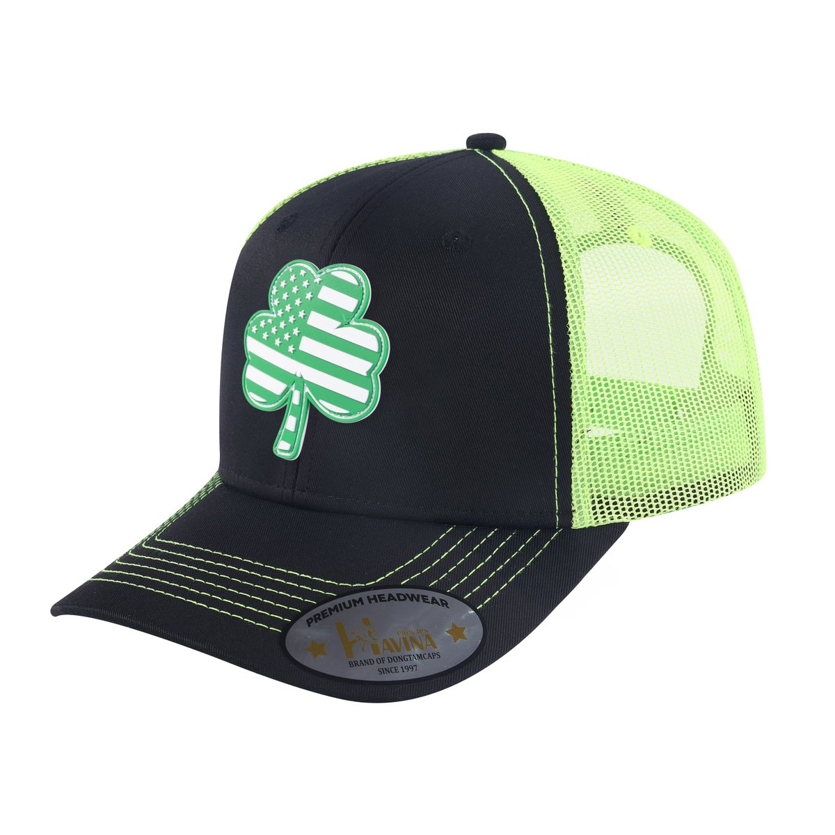 Embroidered St. Patrick'S Day Four Leaf Shamrock - 6 Panel Trucker Hat - Black/Green