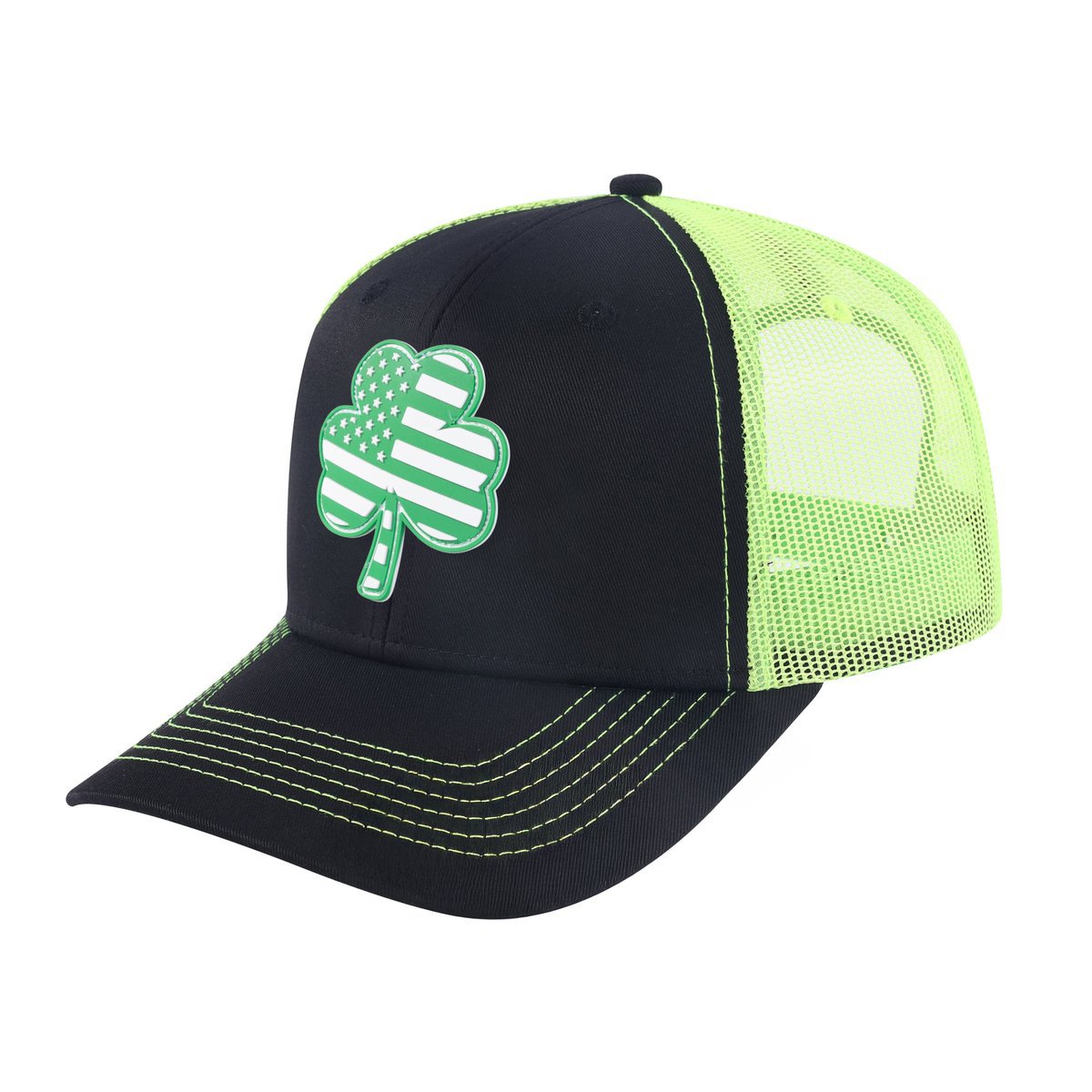 Unisex Embroidered St. Patrick'S Day Four Leaf Shamrock, 6-Panel Trucker Hat, Black/Green, Adjustable Fit