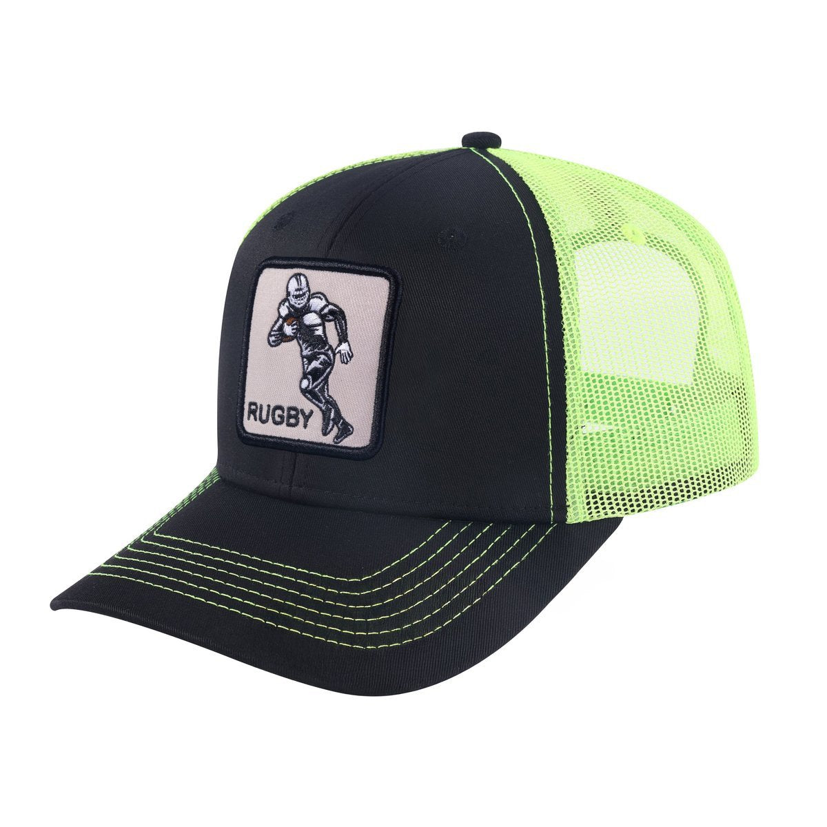 Unisex Embroidered Rugby, 6-Panel Trucker Hat, Black/Green, Adjustable Fit