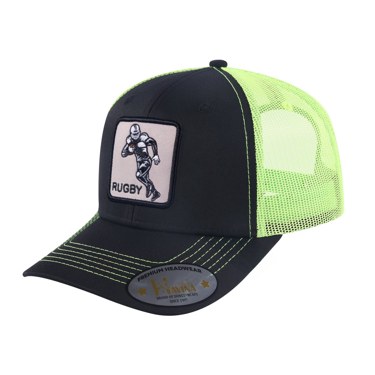 Unisex Embroidered Rugby/Football, 6-Panel Trucker Hat, Black/Green, Adjustable Fit