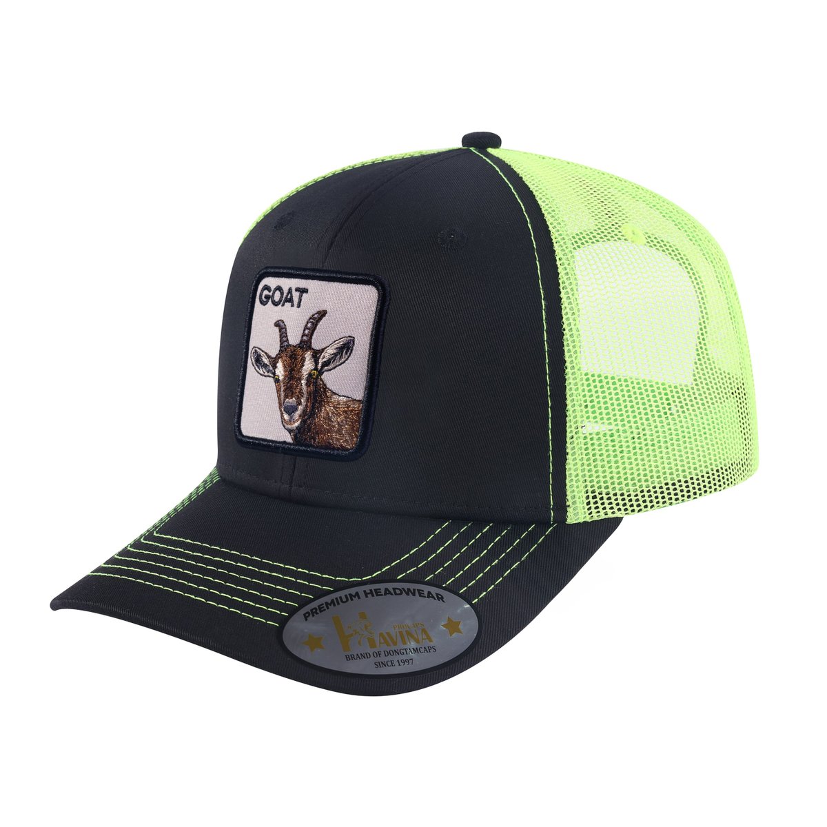 Unisex Embroidered The Goat, 6-Panel Trucker Hat, Black/Green, Adjustable Fit
