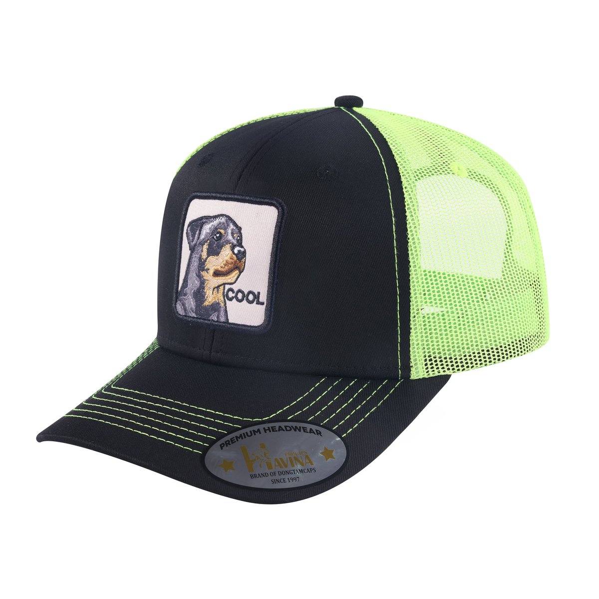 Unisex Embroidered The Cool Dog, 6-Panel Trucker Hat, Black/Green, Adjustable Fit