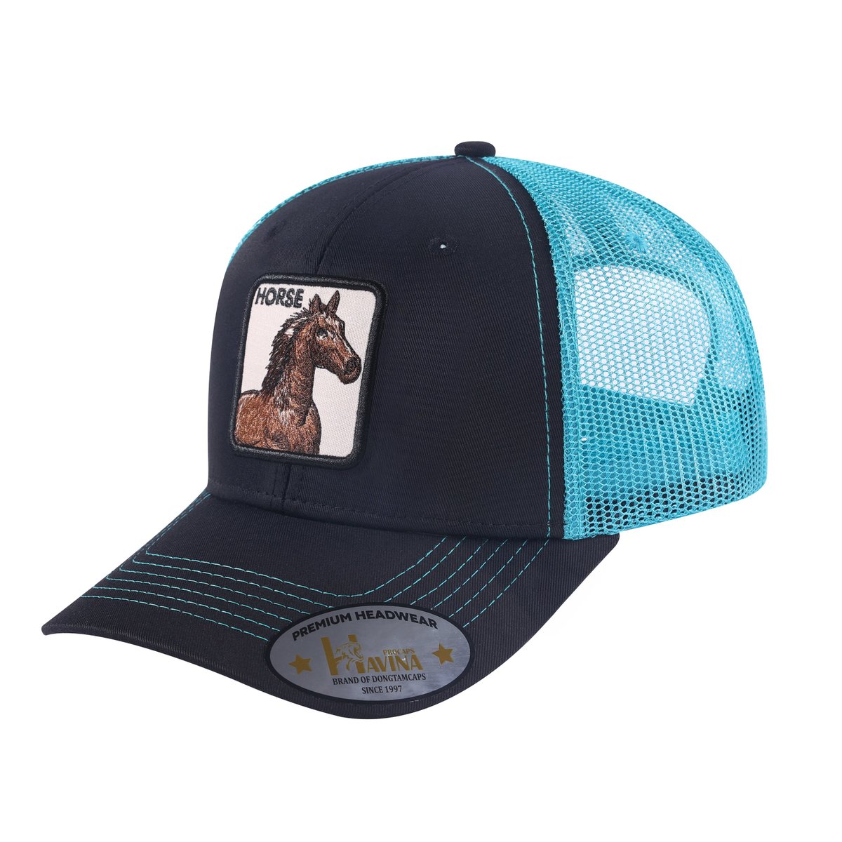 Unisex Embroidered The Horse, 6-Panel Trucker Hat, Black/Blue, Adjustable Fit