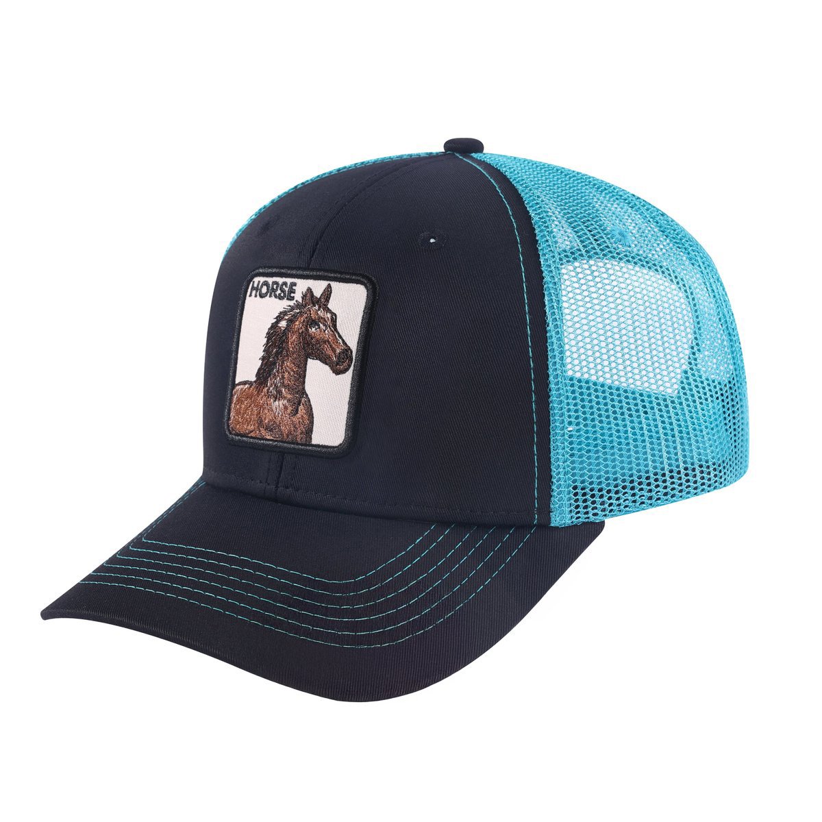 Unisex Embroidered The Horse, 6-Panel Trucker Hat, Black/Blue, Adjustable Fit