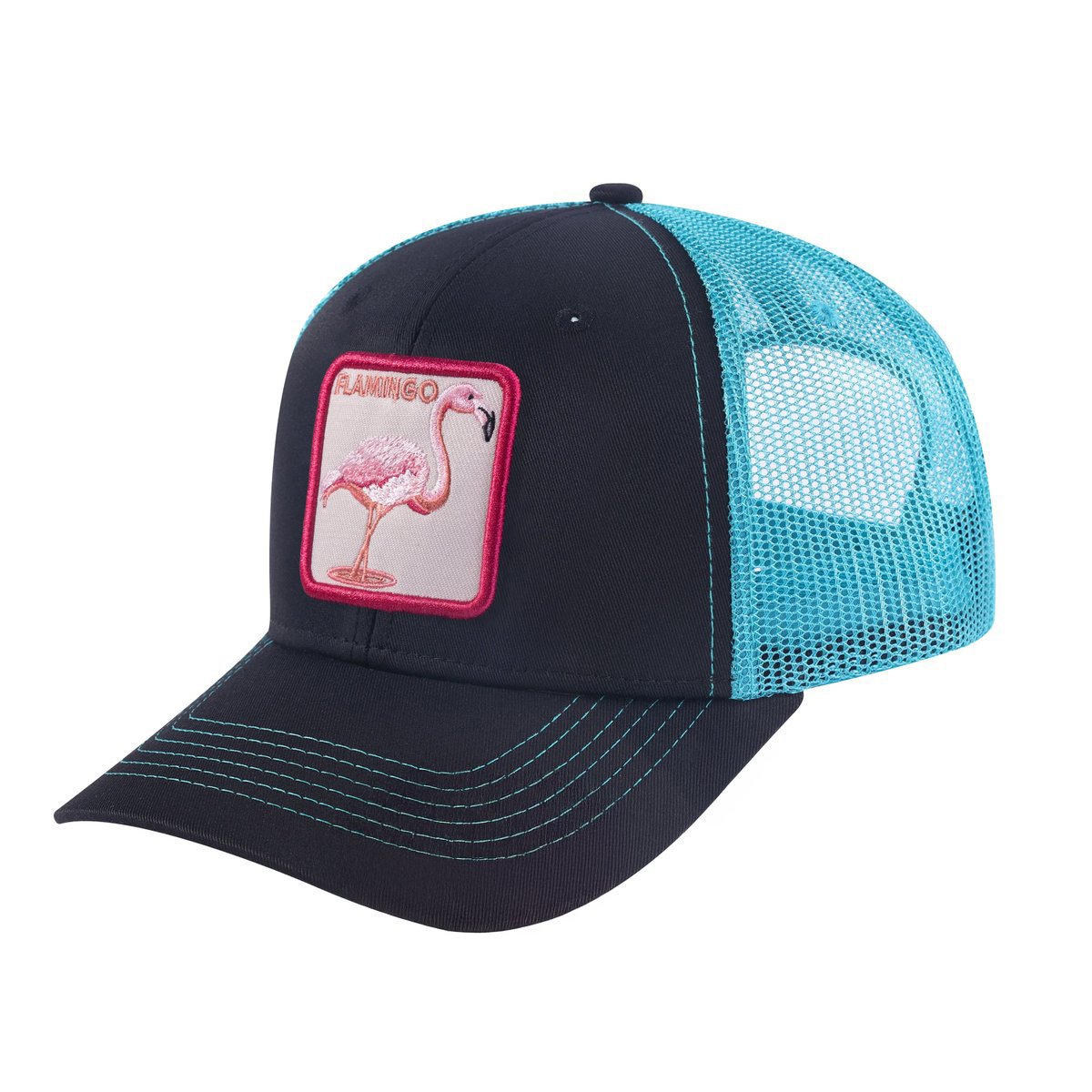 Unisex Embroidered The Flamingo, 6-Panel Trucker Hat, Black/Blue, Adjustable Fit
