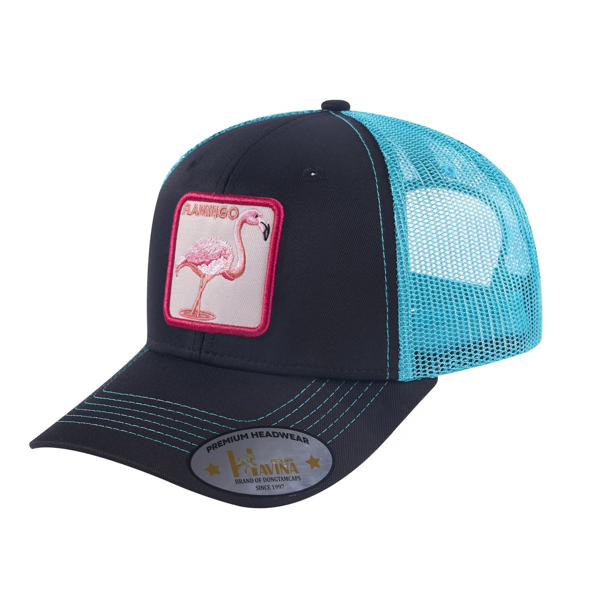 Unisex Embroidered The Flamingo, 6-Panel Trucker Hat, Black/Blue, Adjustable Fit