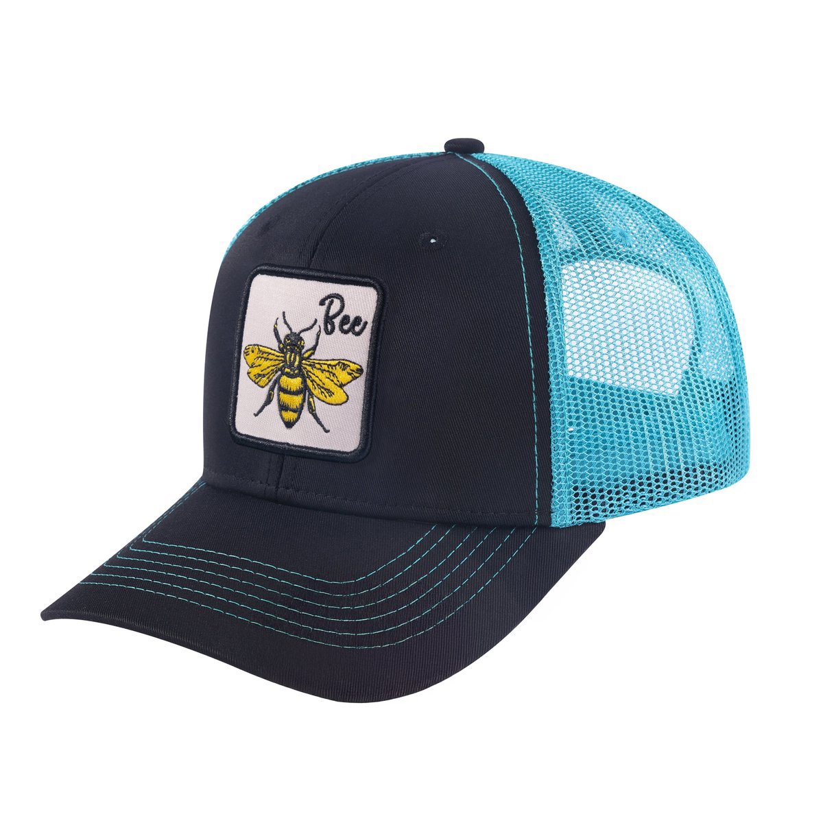 Unisex Embroidered The Bee, 6-Panel Trucker Hat, Black/Blue, Adjustable Fit