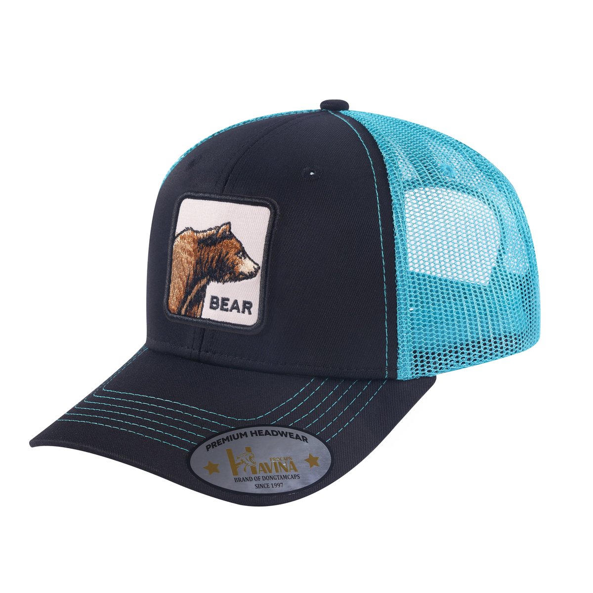 Unisex Embroidered The Bear, 6-Panel Trucker Hat, Black/Blue, Adjustable Fit