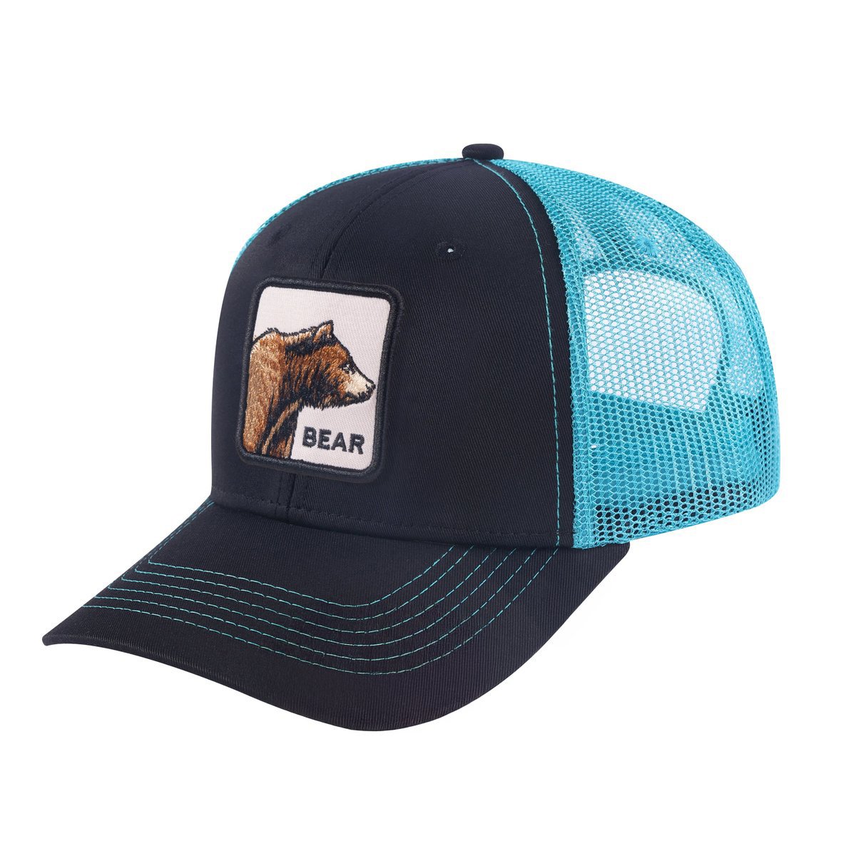 Unisex Embroidered The Bear, 6-Panel Trucker Hat, Black/Blue, Adjustable Fit