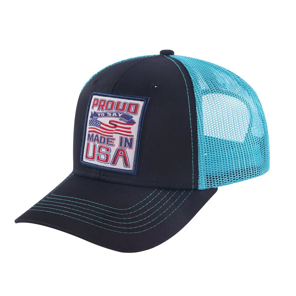 Unisex Embroidered Proud To Say Made In Usa, 6-Panel Trucker Hat, Black/Blue, Adjustable Fit