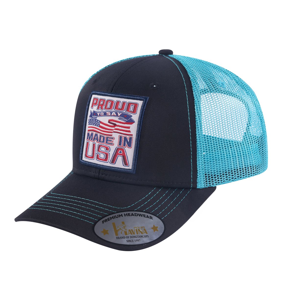Unisex Embroidered Proud To Say Made In Usa, 6-Panel Trucker Hat, Black/Blue, Adjustable Fit