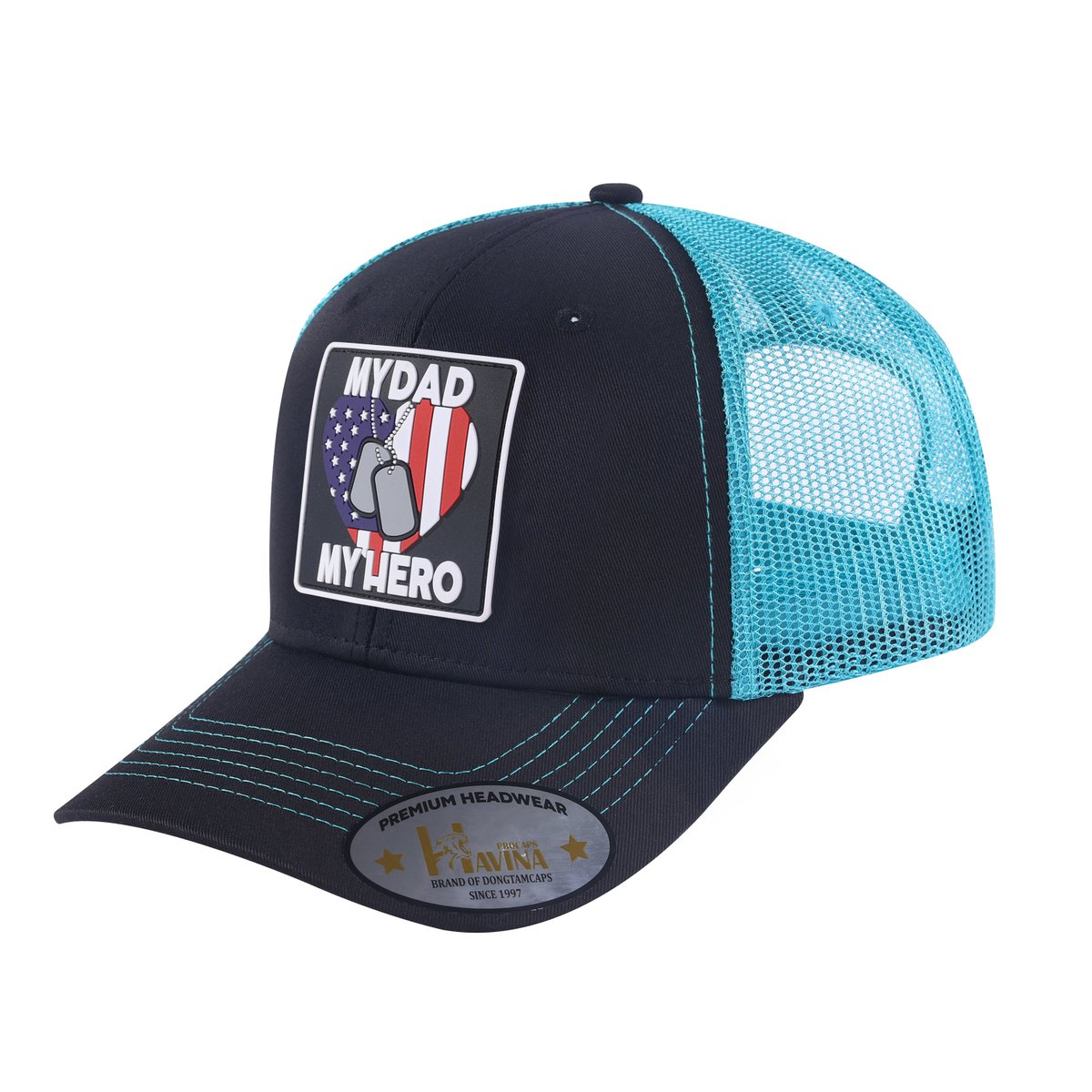 Embroidered My Dad My Hero - 6 Panel Trucker Hat - Black/Blue