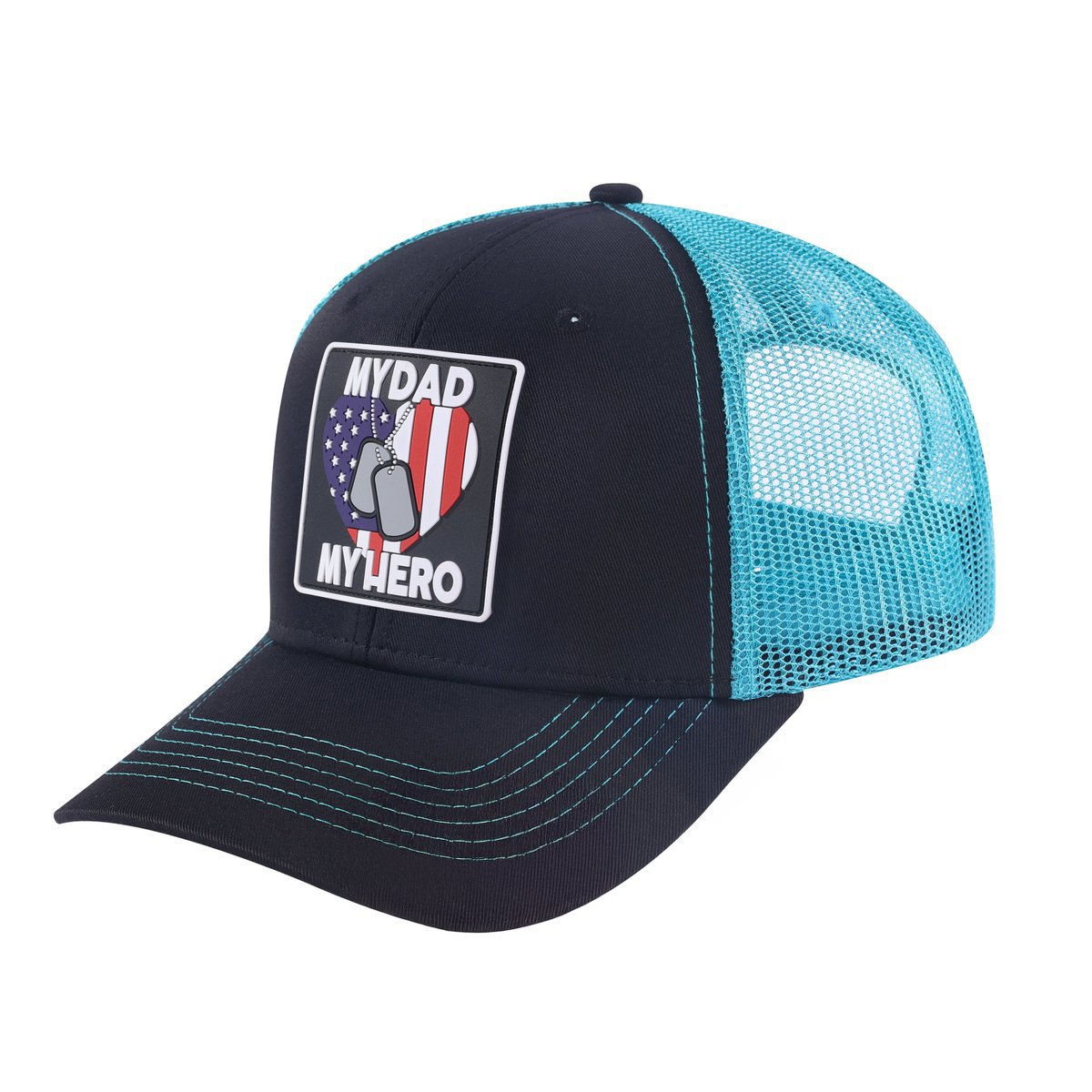 Unisex Embroidered My Dad My Hero, 6-Panel Trucker Hat, Black/Blue, Adjustable Fit