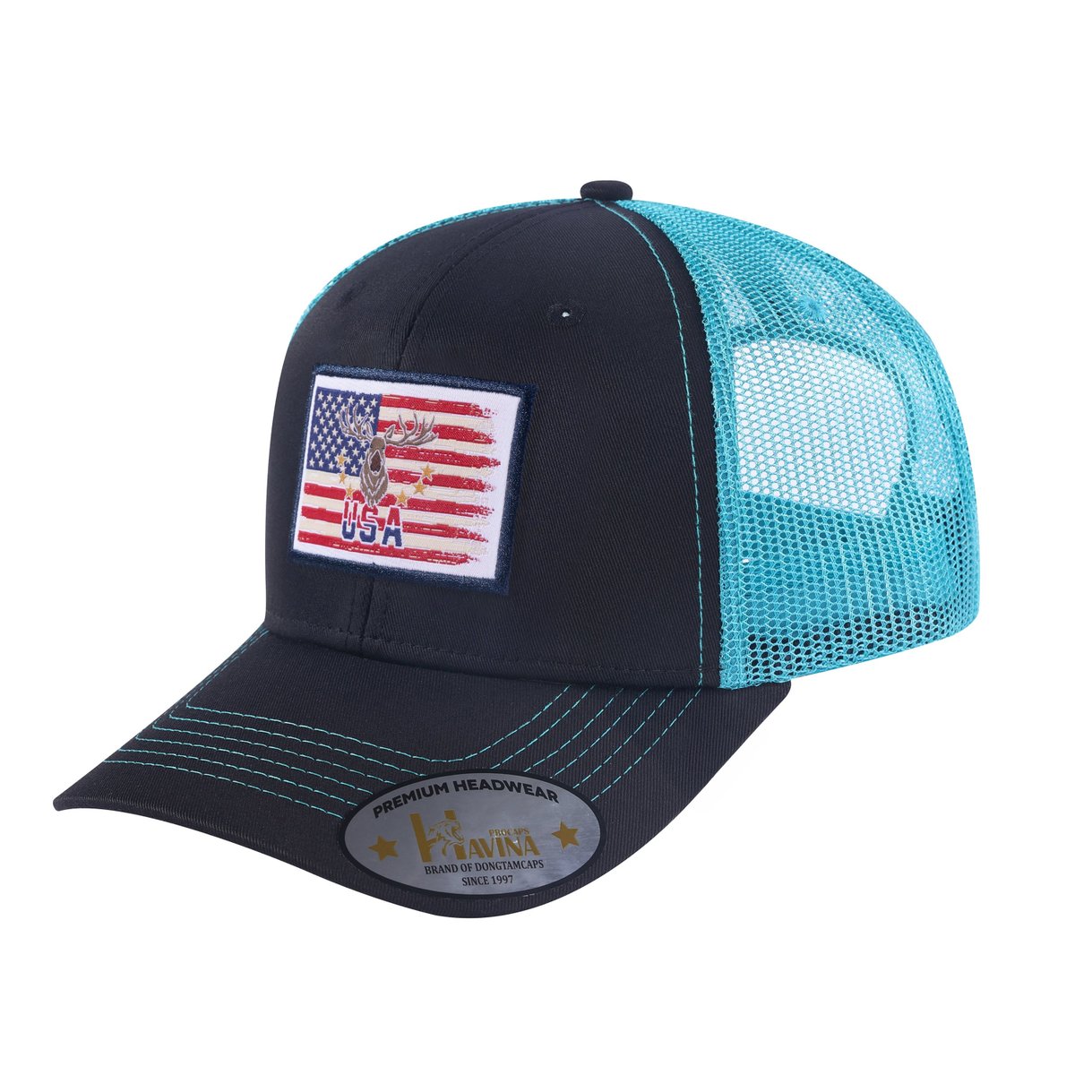 Unisex Embroidered US Deer Hunter, 6-Panel Trucker Hat, Black/Blue, Adjustable Fit