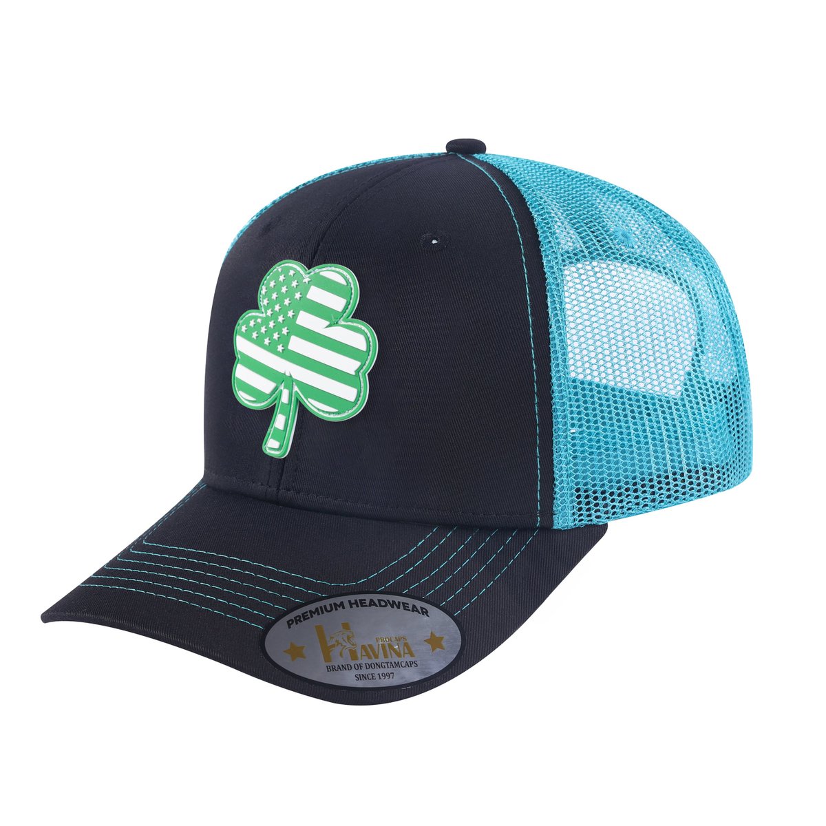 Unisex Embroidered St. Patrick'S Day Four Leaf Shamrock, 6-Panel Trucker Hat, Black/Blue, Adjustable Fit