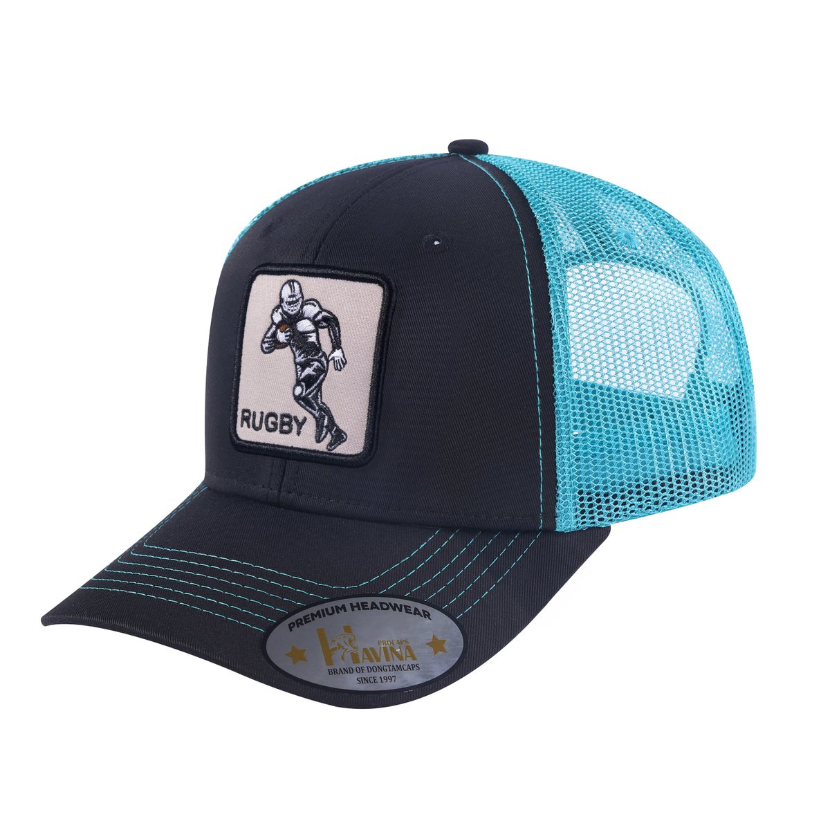 Unisex Embroidered Rugby/Football, 6-Panel Trucker Hat, Black/Blue, Adjustable Fit