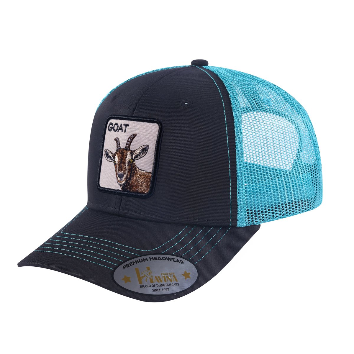 Unisex Embroidered The Goat, 6-Panel Trucker Hat, Black/Blue, Adjustable Fit