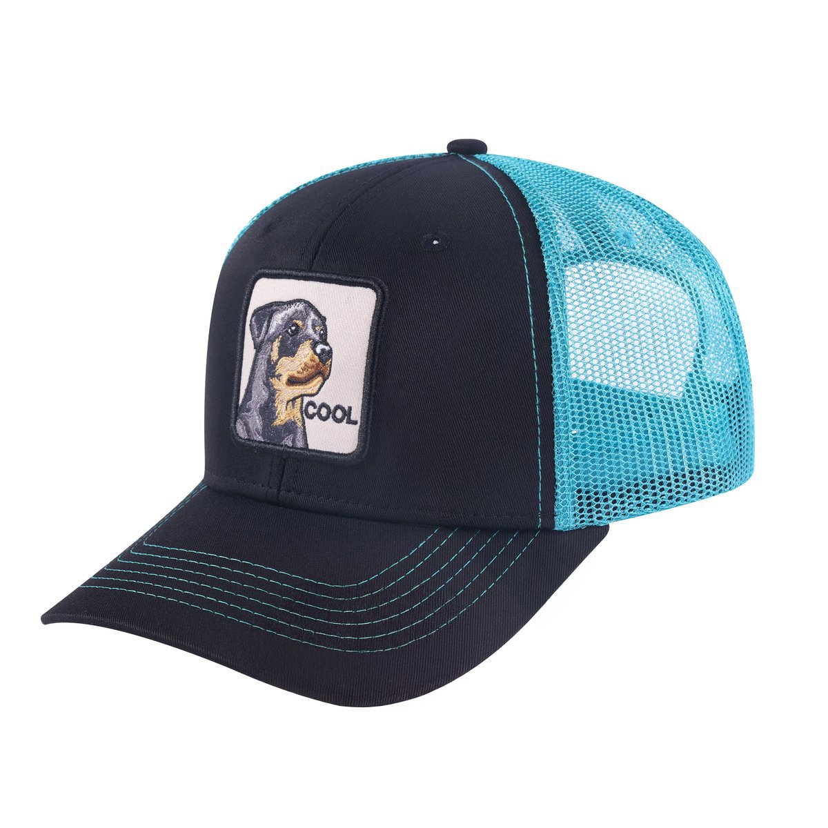 Unisex Embroidered The Cool Dog, 6-Panel Trucker Hat, Black/Blue, Adjustable Fit
