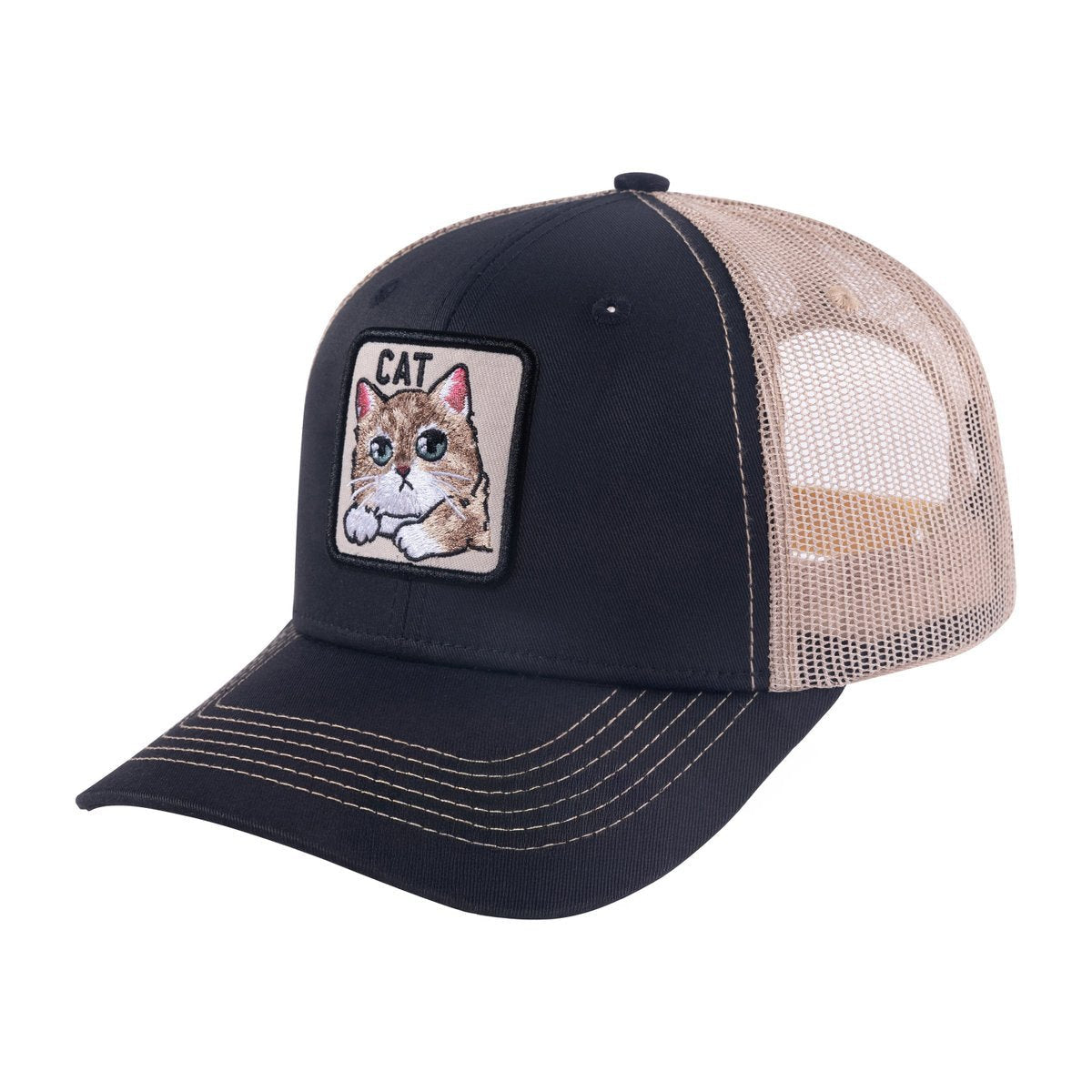 Unisex Embroidered The Cat, 6-Panel Trucker Hat, Black/Khaki, Adjustable Fit