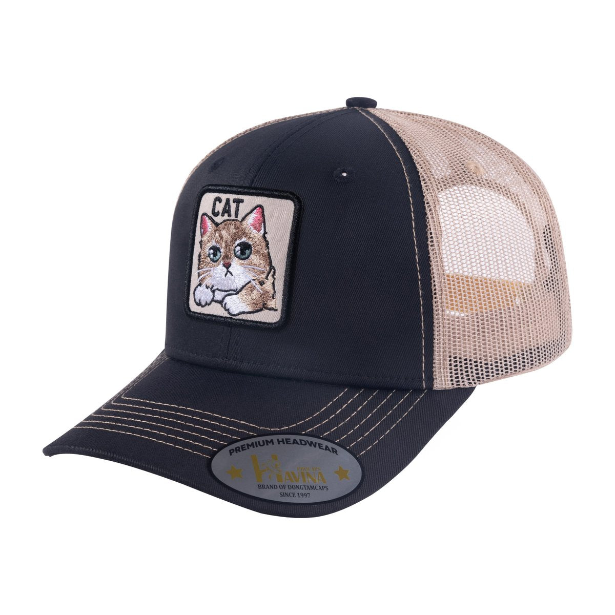 Unisex Embroidered The Cat, 6-Panel Trucker Hat, Black/Khaki, Adjustable Fit