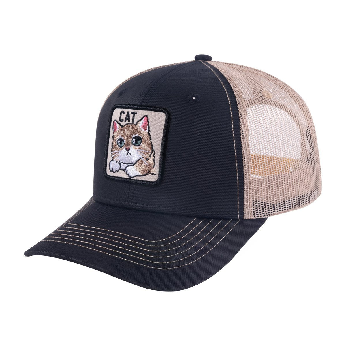 Unisex Embroidered The Cat, 6-Panel Trucker Hat, Dark Grey/Khaki, Adjustable Fit