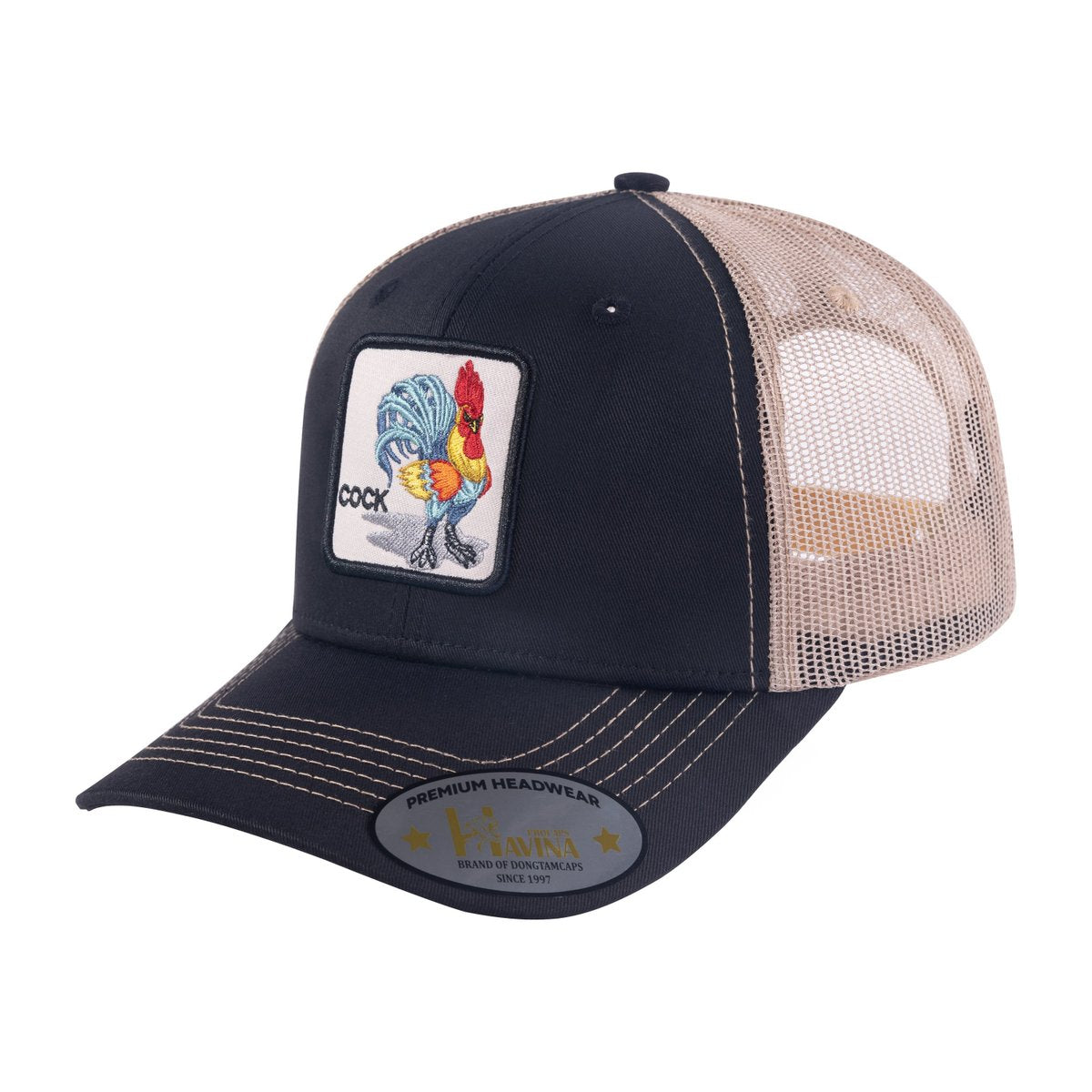 Unisex Embroidered The Cock, 6-Panel Trucker Hat, Black/Khaki, Adjustable Fit