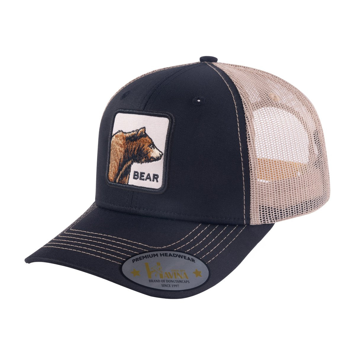 Unisex Embroidered The Bear, 6-Panel Trucker Hat, Black/Khaki, Adjustable Fit