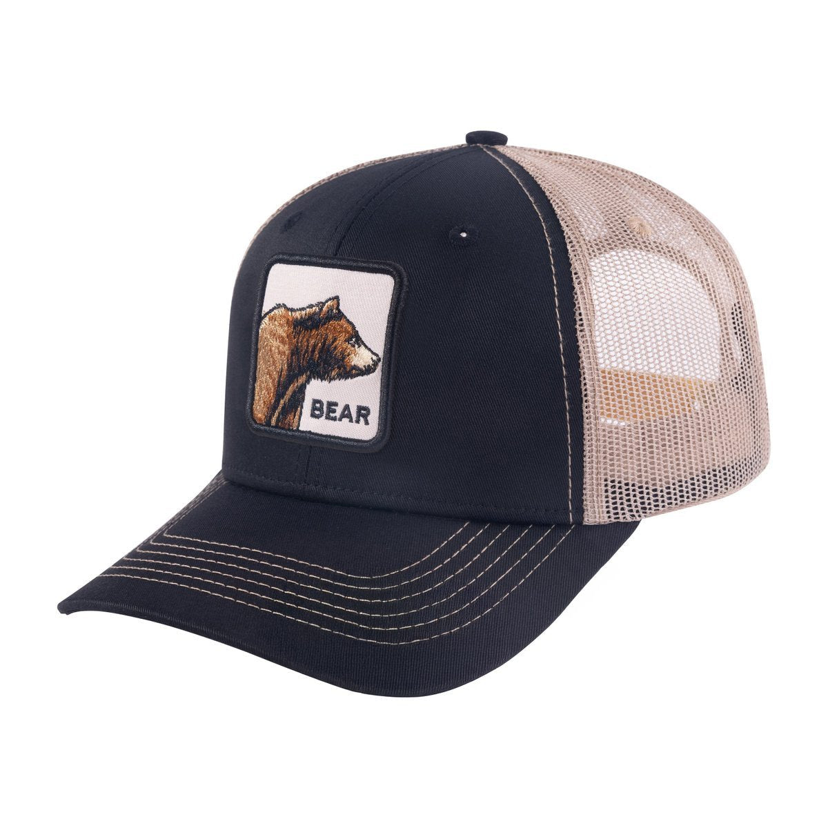 Unisex Embroidered The Bear, 6-Panel Trucker Hat, Black/Khaki, Adjustable Fit