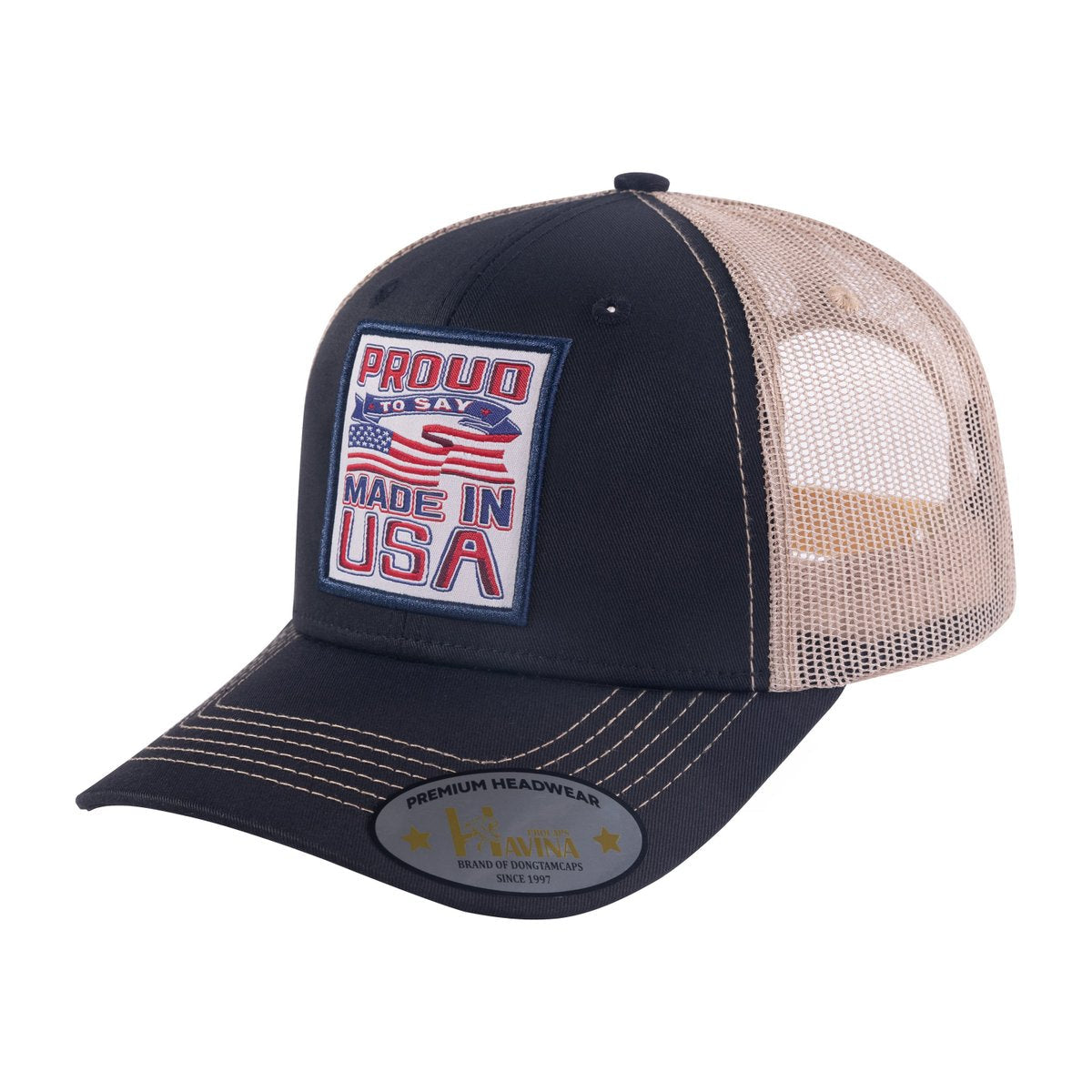 Unisex Embroidered Proud To Say Made In US, 6-Panel Trucker Hat, Black/Khaki, Adjustable Fit