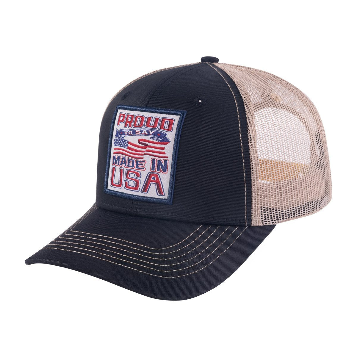 Unisex Embroidered Proud To Say Made In US, 6-Panel Trucker Hat, Black/Khaki, Adjustable Fit