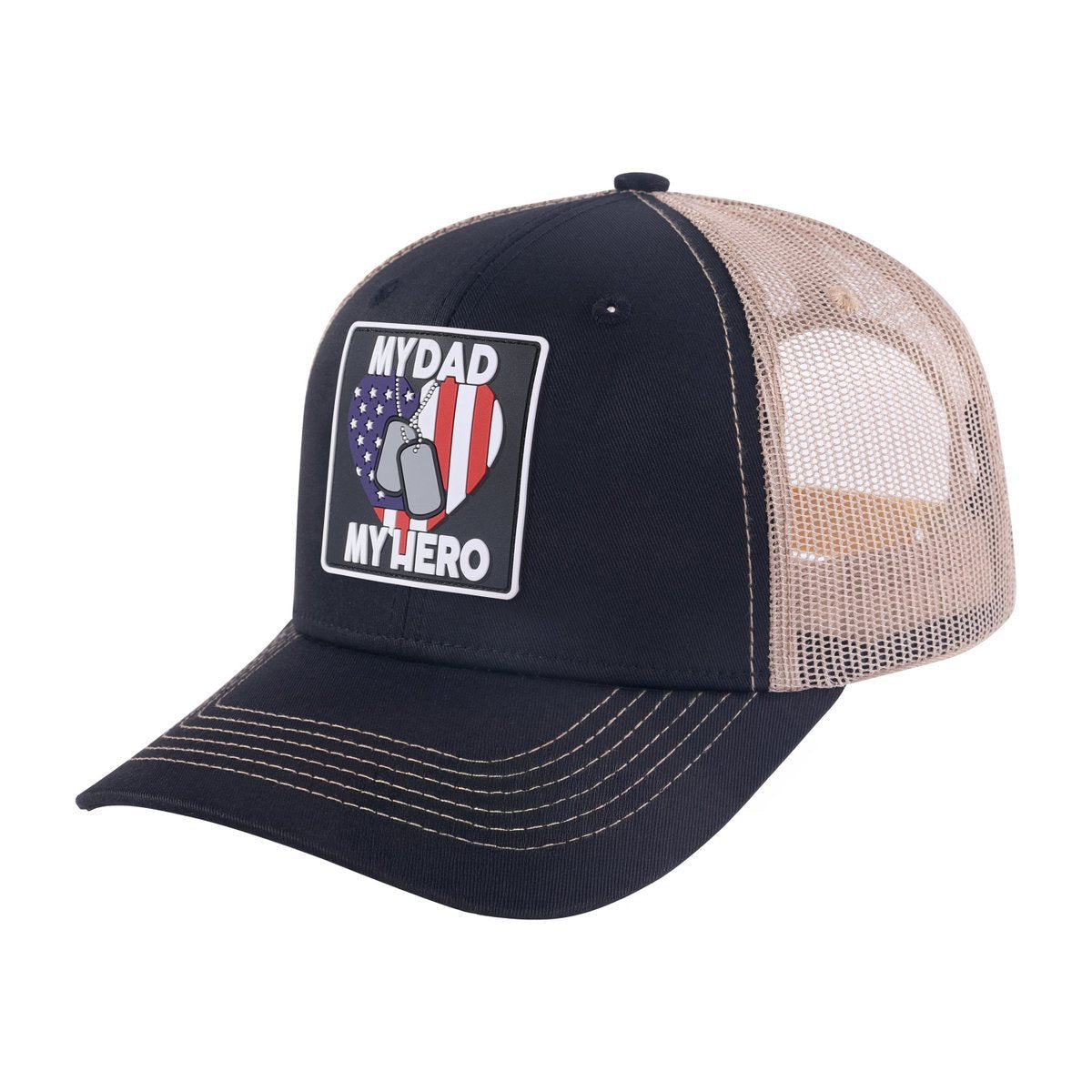 Unisex Embroidered My Dad My Hero, 6-Panel Trucker Hat, Black/Khaki, Adjustable Fit