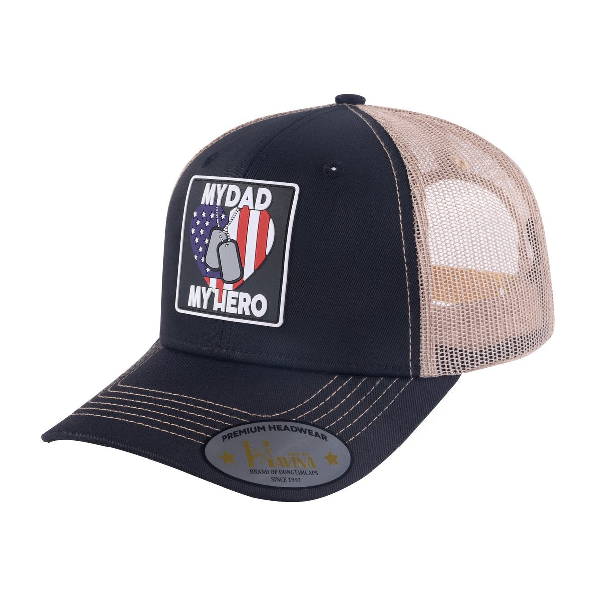 Unisex Embroidered My Dad My Hero, 6-Panel Trucker Hat, Black/Khaki, Adjustable Fit