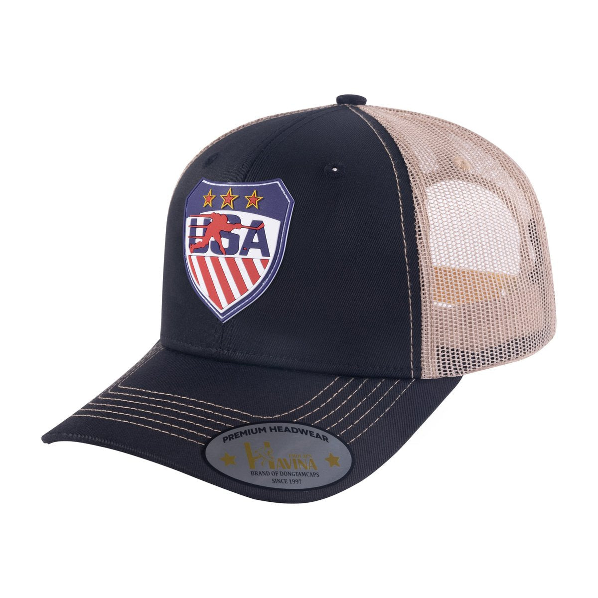 Unisex Embroidered US Loving Hockey, 6-Panel Trucker Hat, Black/Khaki, Adjustable Fit