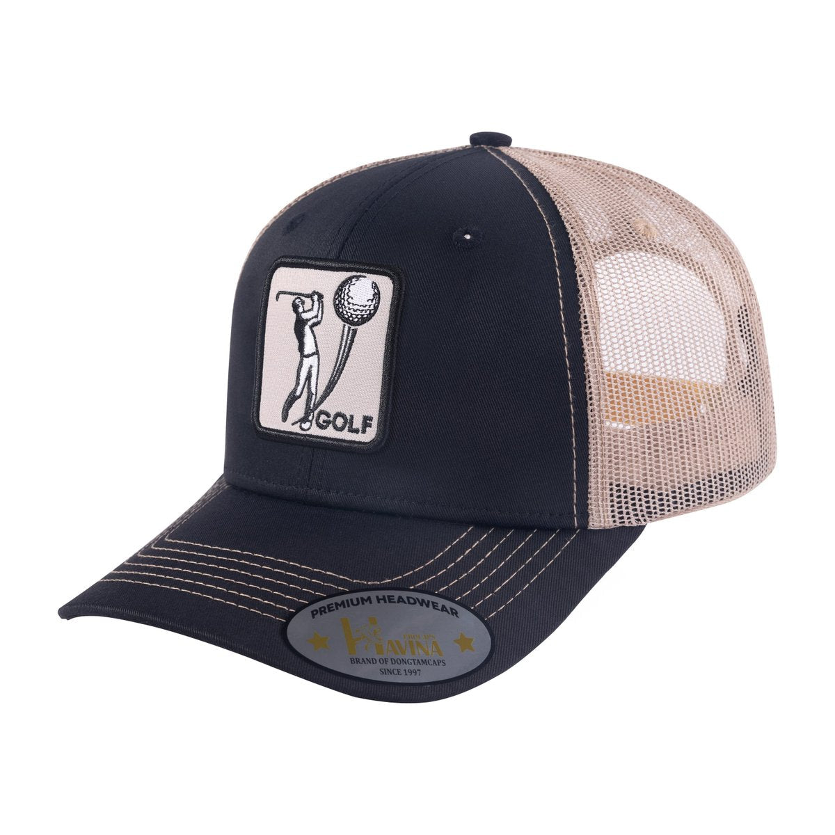 Unisex Embroidered Golf, 6-Panel Trucker Hat, Black/Khaki, Adjustable Fit