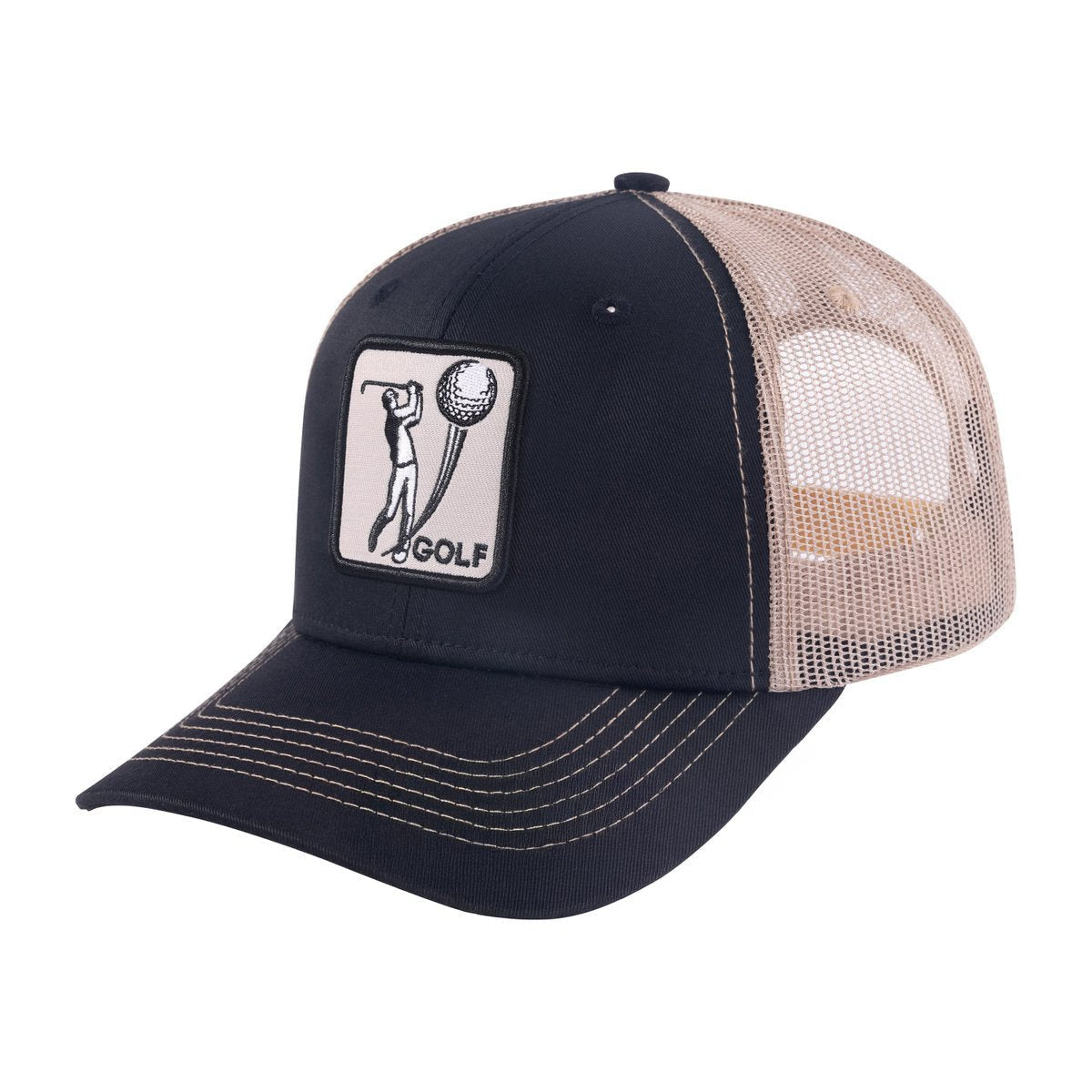Unisex Embroidered Golf, 6-Panel Trucker Hat, Black/Khaki, Adjustable Fit