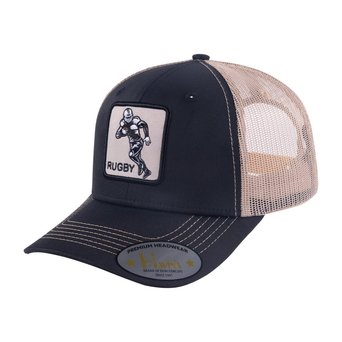 Embroidered Rugby - 6 Panel Trucker Hat - Black/Khaki