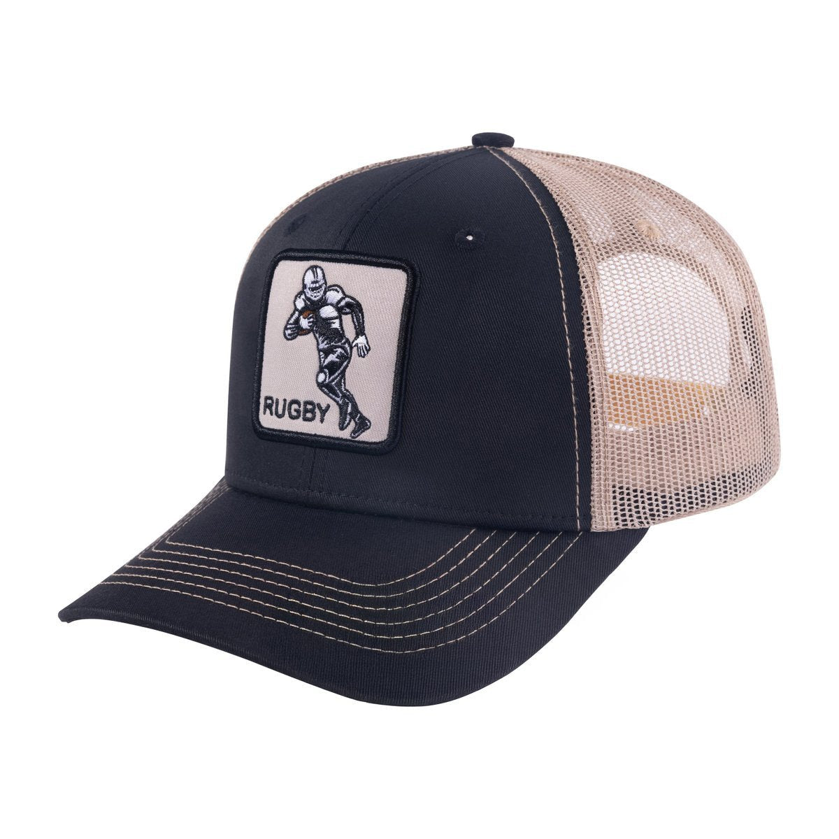 Unisex Embroidered Rugby, 6-Panel Trucker Hat, Black/Khaki, Adjustable Fit