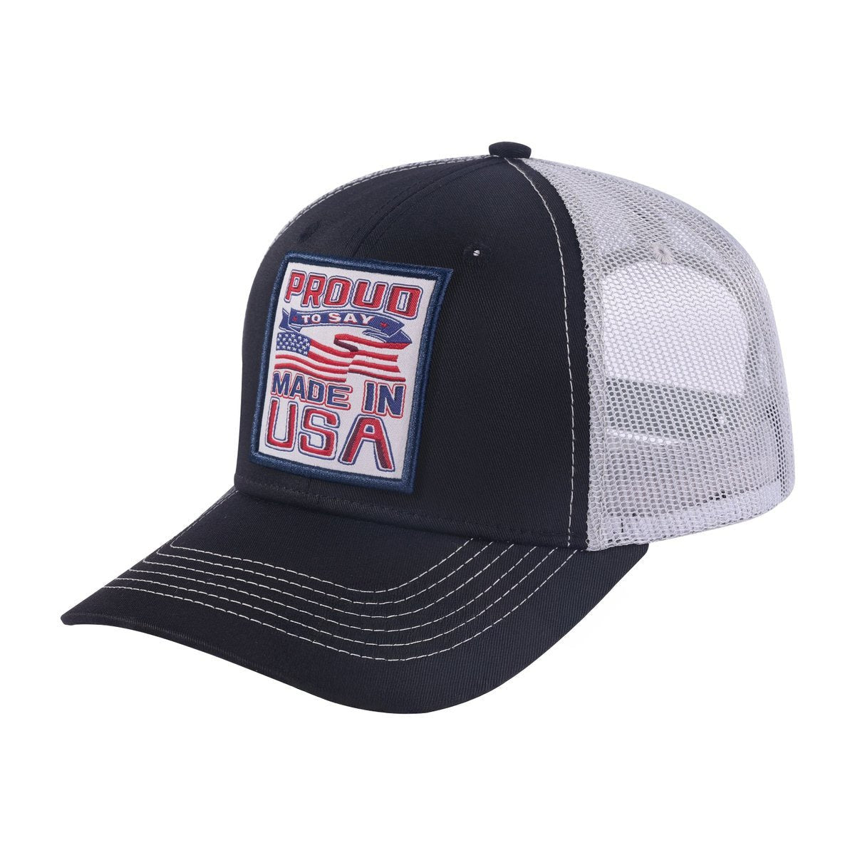 Unisex Embroidered Proud To Say Made In US, 6-Panel Trucker Hat, Black/Light Grey, Adjustable Fit