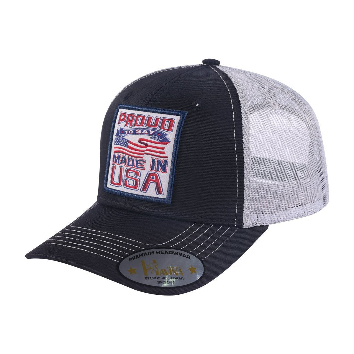 Unisex Embroidered Proud To Say Made In US, 6-Panel Trucker Hat, Black/Light Grey, Adjustable Fit
