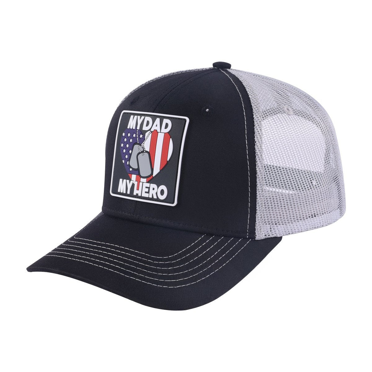Unisex Embroidered My Dad My Hero, 6-Panel Trucker Hat, Black/Light Grey, Adjustable Fit
